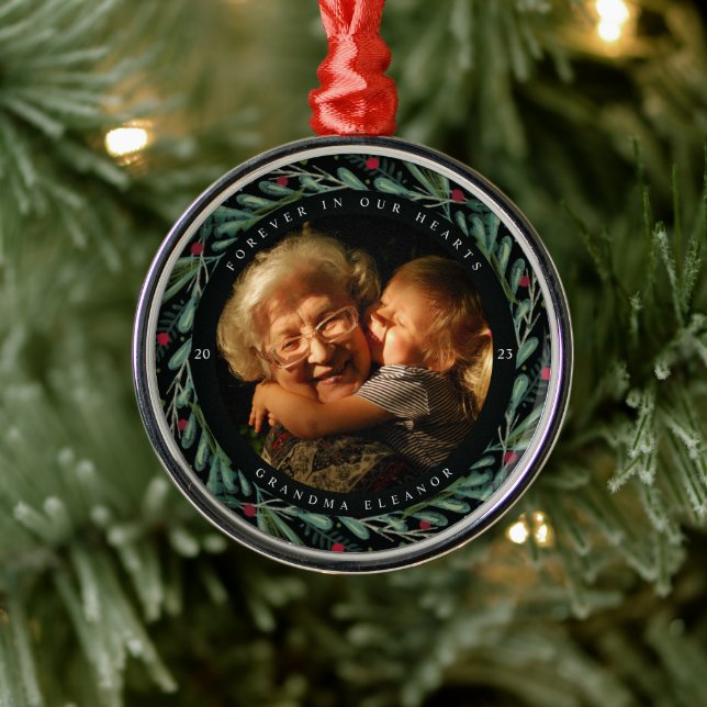 Festive Holiday Wreath Photo Memorial Metal Ornament (Tree)