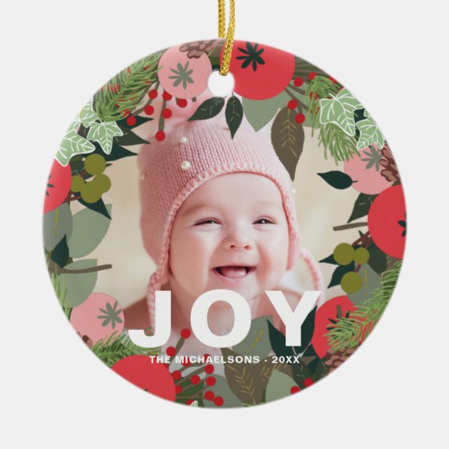 Festive Holiday Wreath with Joy Typography Photo Ceramic Ornament (Front)
