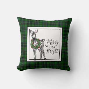 Festive Holiday Zebra, Christmas wreath , plaid Cushion