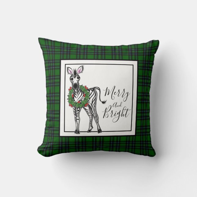 Festive Holiday Zebra, Christmas wreath , plaid Cushion (Front)