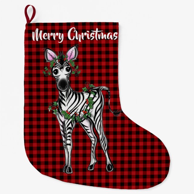 Festive Holiday Zebra, Holly wreath, buffalo plaid Large Christmas Stocking (Front)