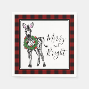 Festive Holiday Zebra Holly wreath buffalo plaid Napkin