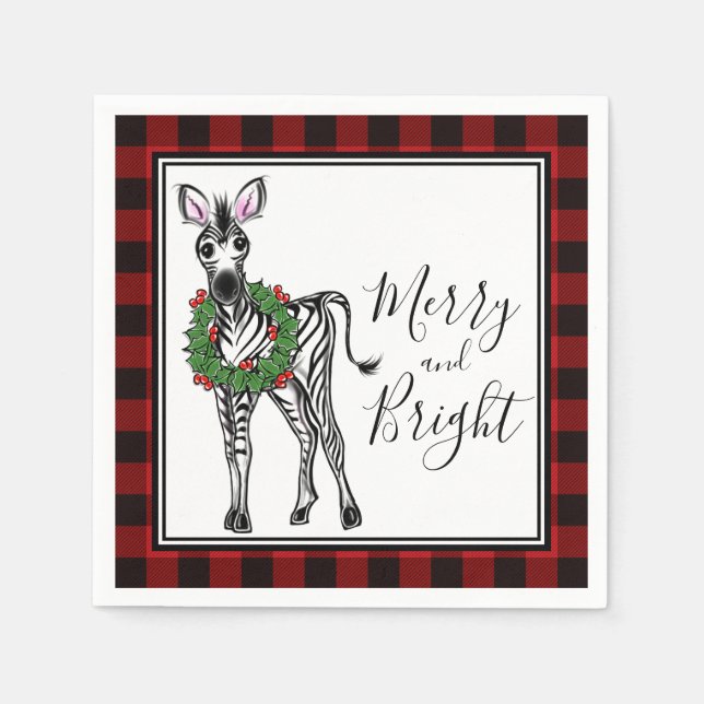 Festive Holiday Zebra Holly wreath buffalo plaid Napkin (Front)
