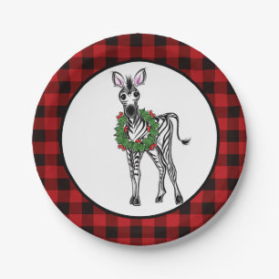 Festive Holiday Zebra, Holly wreath, buffalo plaid Paper Plate