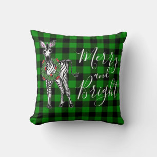 Festive Holiday Zebra, Holly wreath, green plaid  Cushion