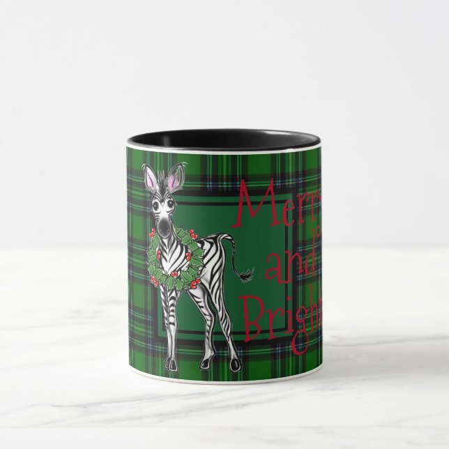 Festive Holiday Zebra Holly wreath | green plaid M Mug (Center)
