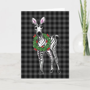 Festive Holiday Zebra Holly wreath, grey buffalo Card