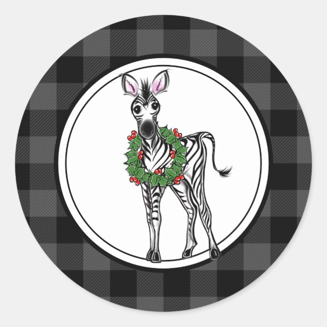 Festive Holiday Zebra, holly wreath, grey plaid  Classic Round Sticker (Front)