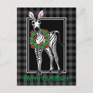 Festive Holiday Zebra Holly wreath, grey plaid  Postcard