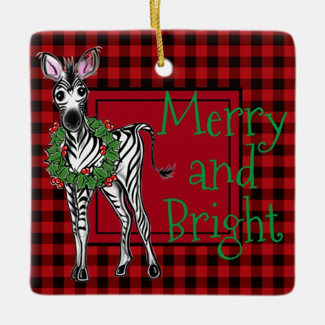 Festive Holiday Zebra Holly wreath | red buffalo  Ceramic Ornament (Front)