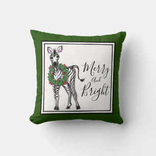 Festive Holiday Zebra illustration, Holly wreath Cushion