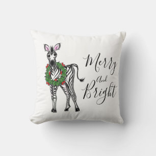 Festive Holiday Zebra illustration, Holly wreath Cushion