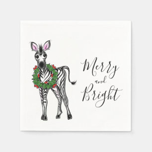 Festive Holiday Zebra illustration, Holly wreath Napkin