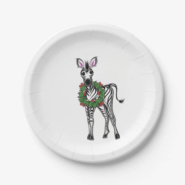 Festive Holiday Zebra illustration, Holly wreath Paper Plate (Front)