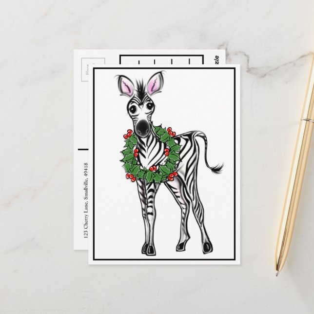 Festive holiday Zebra | red green Xmas wreath  Postcard (Front/Back In Situ)