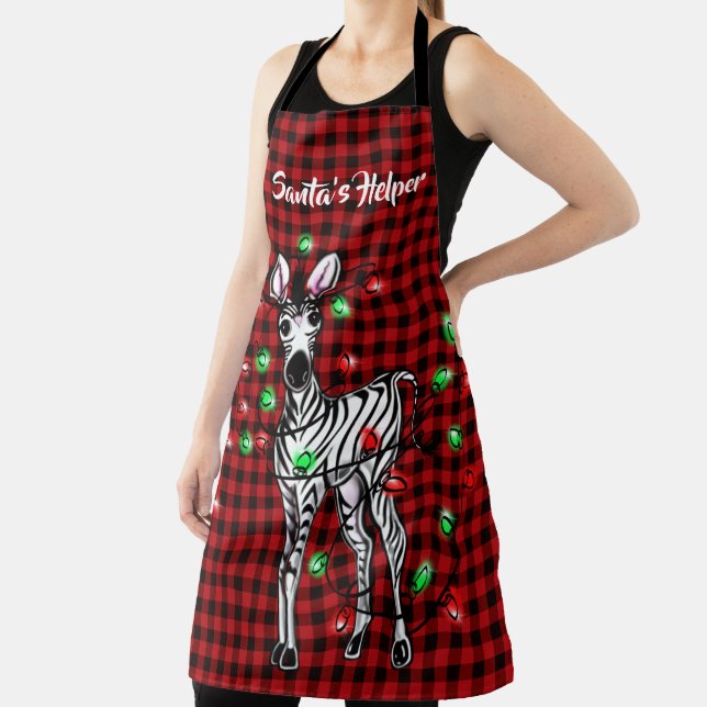 Festive Holiday Zebra, twinkle light buffalo plaid Apron (Insitu)