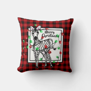 Festive Holiday Zebra, twinkle light buffalo plaid Cushion