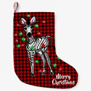 Festive Holiday Zebra, twinkle light buffalo plaid Small Christmas Stocking