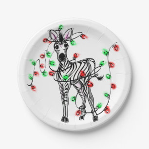 Festive Holiday Zebra, twinkle lights Paper Plate