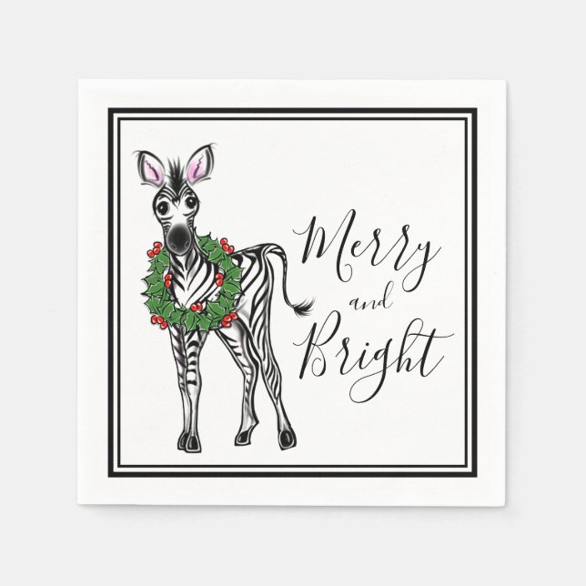 Festive Holiday Zebra with Holly wreath Napkin (Front)