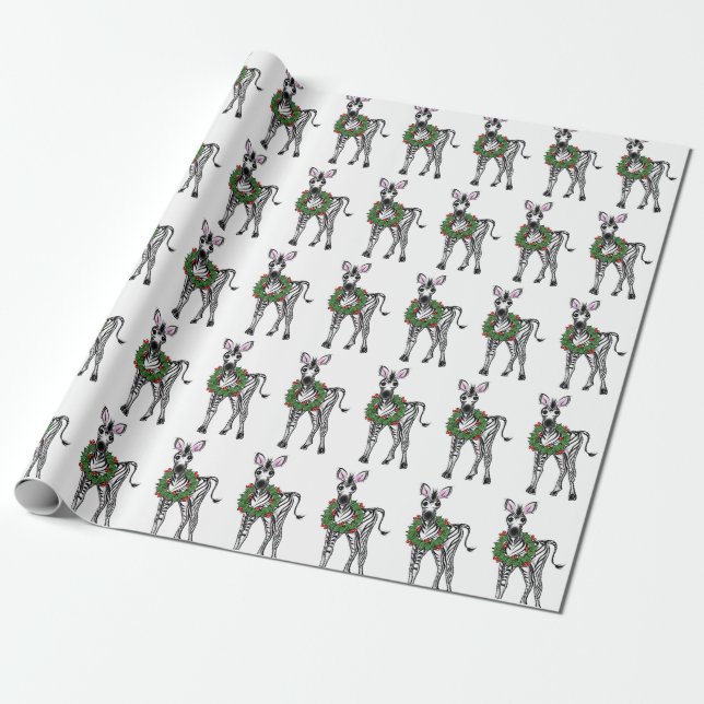 Festive Holiday Zebra with Holly wreath Wrapping P Paper (Unrolled)