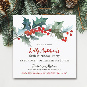 Festive Holly and Berries 60th Birthday Party Invitation