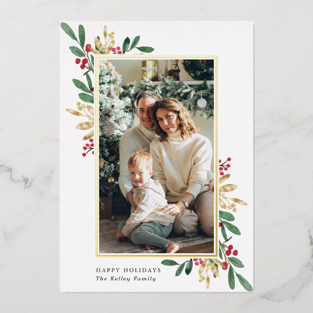 Festive Holly and Berries Vertical Photo Foil Holiday Card (Front)