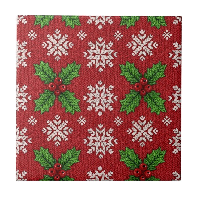 Festive Holly and Snowflake Knit Pattern – Red (2) Ceramic Tile (Front)