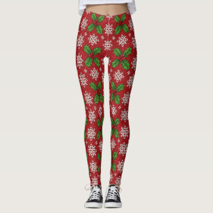 Festive Holly and Snowflake Knit Pattern – Red (2) Leggings