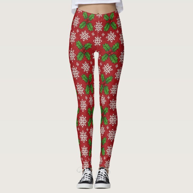 Festive Holly and Snowflake Knit Pattern – Red (2) Leggings (Front)