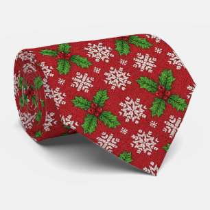 Festive Holly and Snowflake Knit Pattern – Red (2) Tie