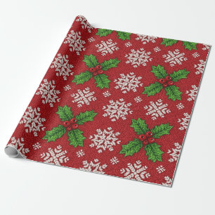 Festive Holly and Snowflake Knit Pattern – Red (2) Wrapping Paper