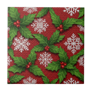 Festive Holly and Snowflake Knit Pattern – Red Ceramic Tile