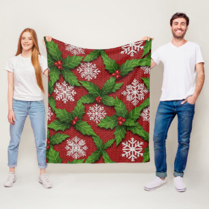 Festive Holly and Snowflake Knit Pattern – Red Fleece Blanket