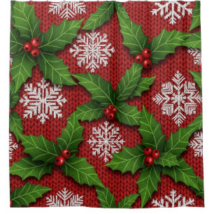 Festive Holly and Snowflake Knit Pattern – Red Shower Curtain