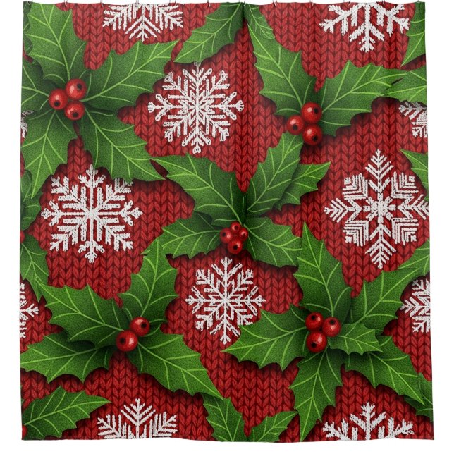 Festive Holly and Snowflake Knit Pattern – Red Shower Curtain (Front)
