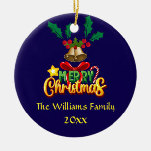 Festive Holly Bells Merry Christmas Photo Ceramic Ornament