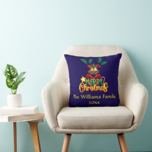 Festive Holly Bells Merry Christmas Throw Pillow