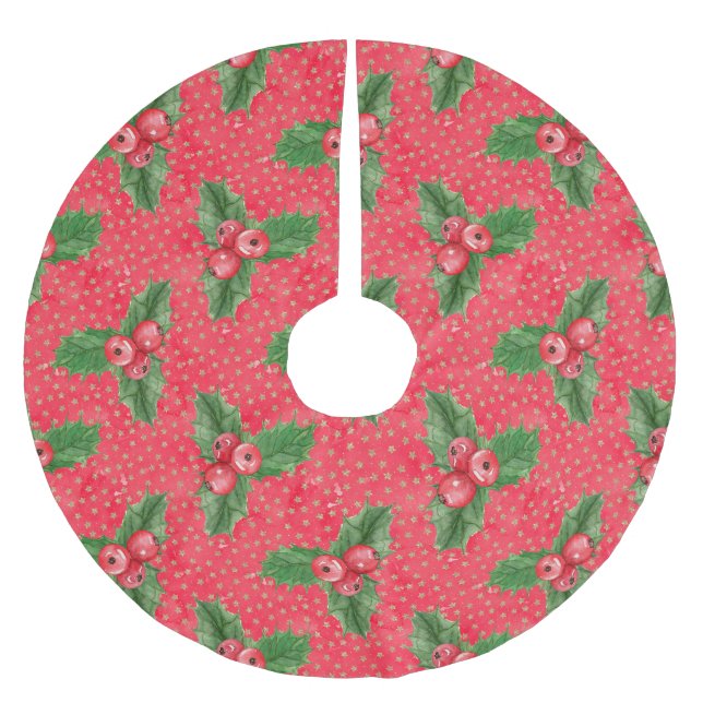 Festive Holly Berries Brushed Polyester Tree Skirt (Front)