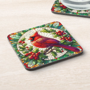 Festive Holly & Berries Stained Glass Cardinal  Coaster