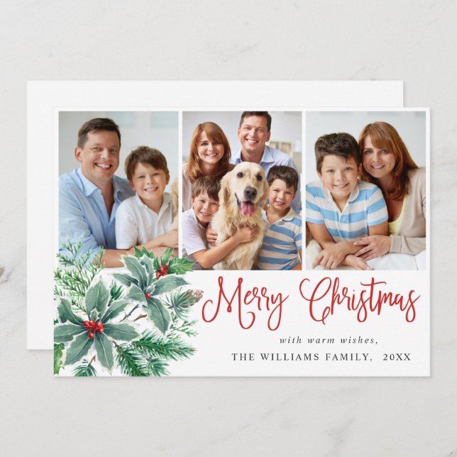 Festive Holly Berry 3 PHOTO Christmas Greeting Holiday Card (Front/Back)