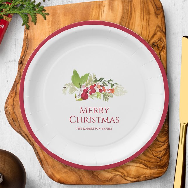 Festive Holly Berry and Evergreen Christmas Paper Plate (Creator Uploaded)