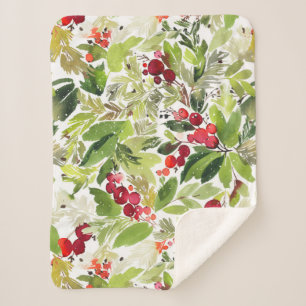 Festive Holly Berry and Evergreen Watercolor Sherpa Blanket