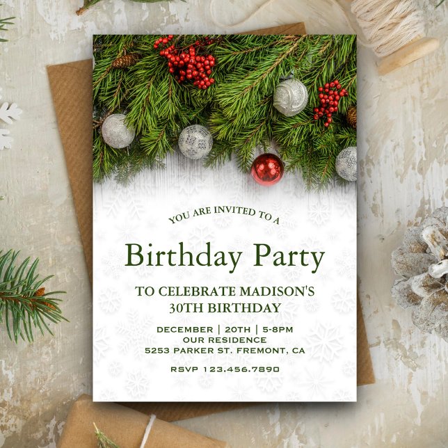 Festive Holly Berry and Pine Christmas Birthday Invitation (Creator Uploaded)