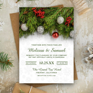 Festive Holly Berry and Pine Christmas Wedding Invitation