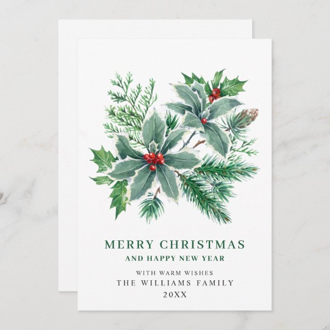 Festive Holly Berry Branch Christmas Greeting Holiday Card (Front/Back)