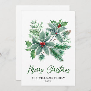 Festive Holly Berry Branch Christmas Greeting Holiday Card