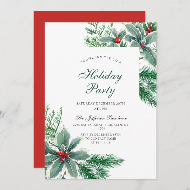Festive Holly Berry Branch Holiday Christmas Party Invitation (Front/Back)