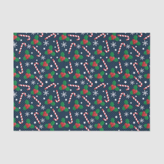 Festive Holly Berry & Cane Pattern Christmas Tissue Paper (Front)