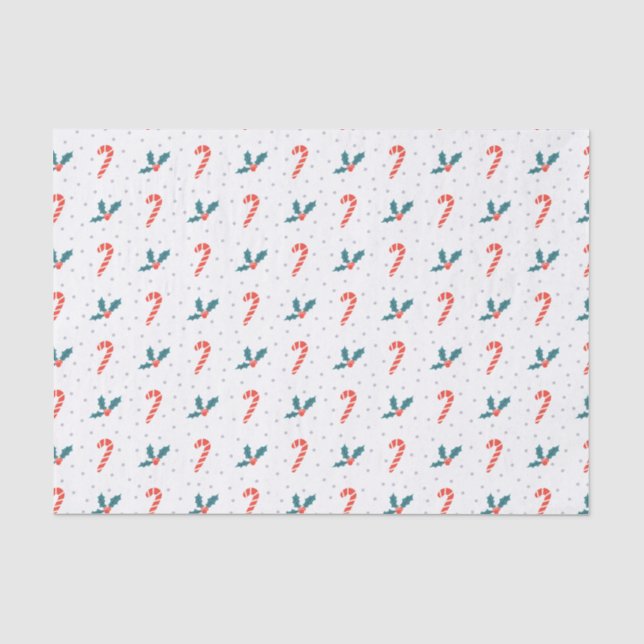 Festive Holly Berry & Cane Pattern Christmas Tissue Paper (Front)
